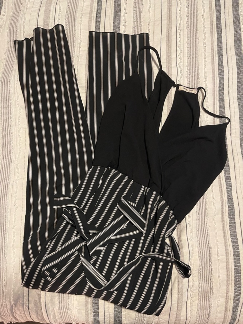 Black & White Striped V-Neck Jumpsuit with Tie Waist